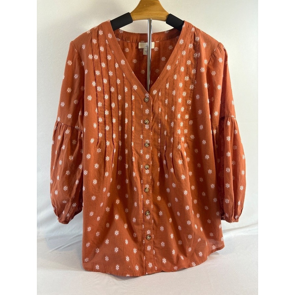 J.Jill Floral Print Rust Orange Pintuck Button Blouse Boho Top M
